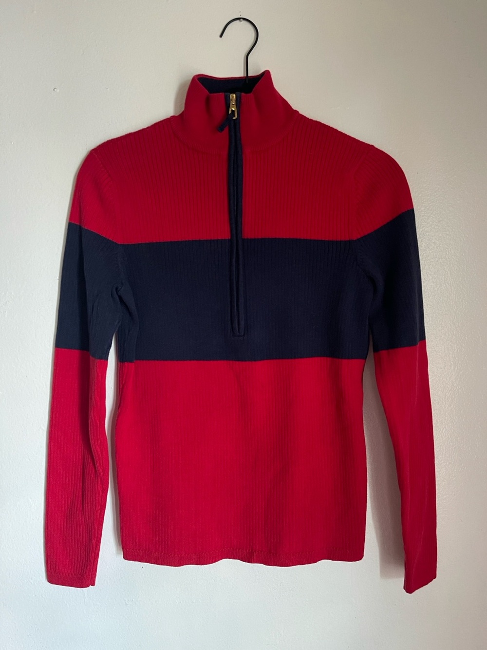 Lauren Ralph Lauren Active Red Navy Quarter Zip Ribbed Sweater M Preppy Coastal
